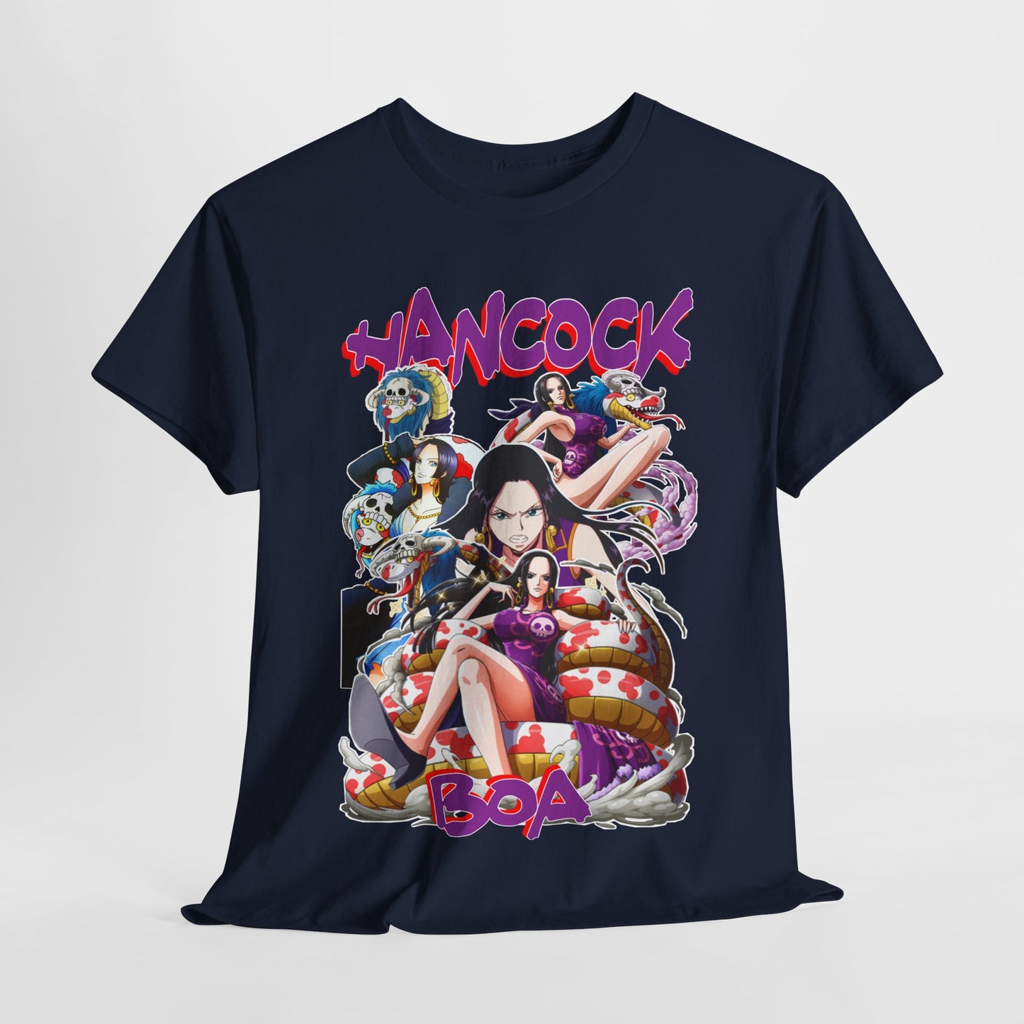 Elegant Boa Hancock T-shirt in navy, featuring vivid anime designs and unique typography, highlighting the character's regal style from One Piece, perfect for discerning fans.