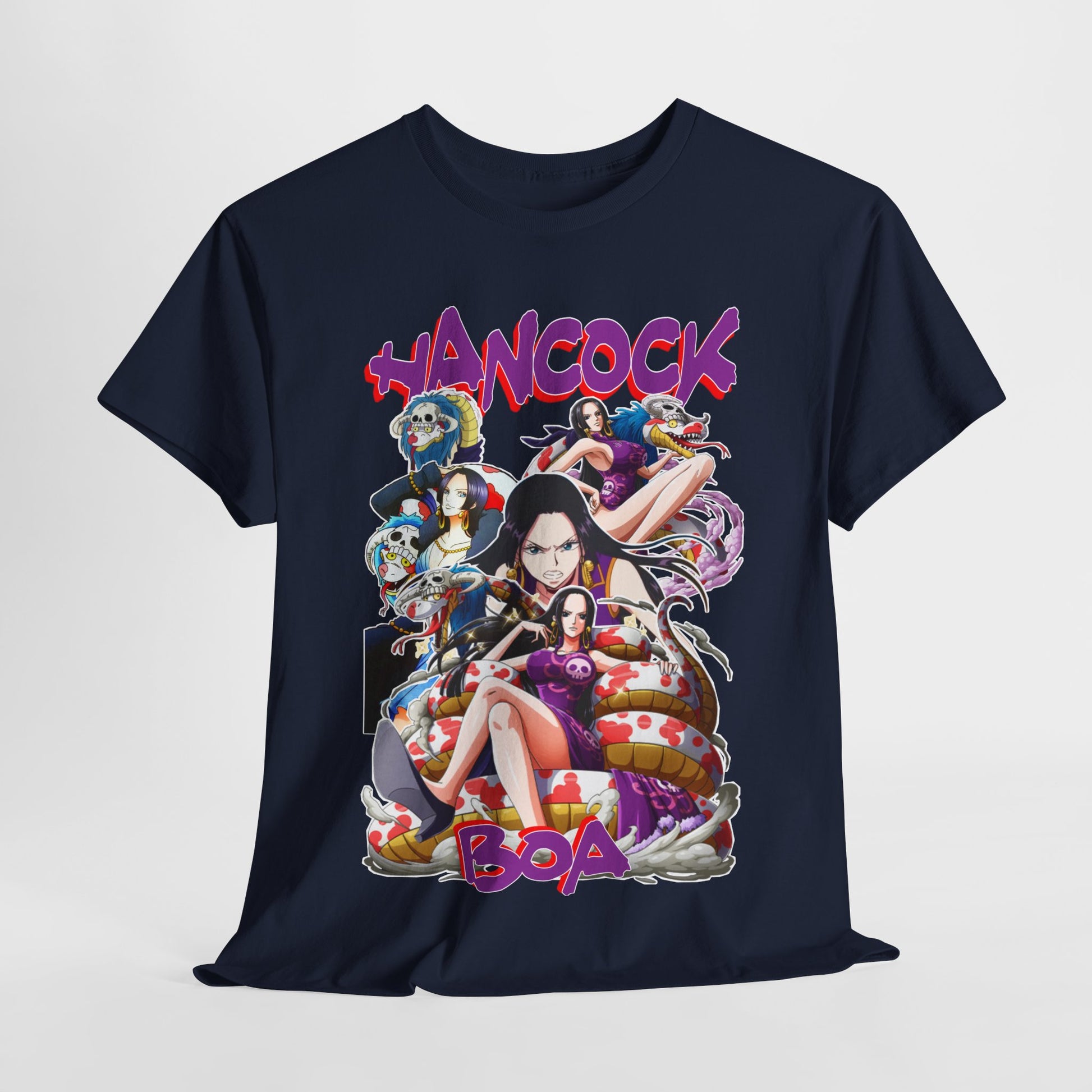 Elegant Boa Hancock T-shirt in navy, featuring vivid anime designs and unique typography, highlighting the character's regal style from One Piece, perfect for discerning fans.