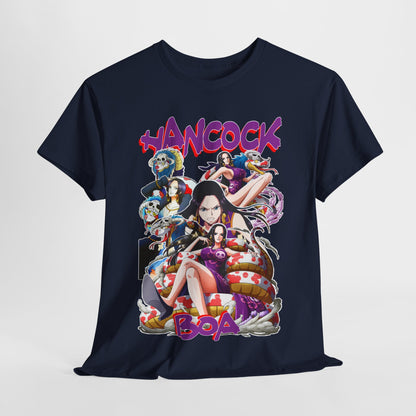 Elegant Boa Hancock T-shirt in navy, featuring vivid anime designs and unique typography, highlighting the character's regal style from One Piece, perfect for discerning fans.