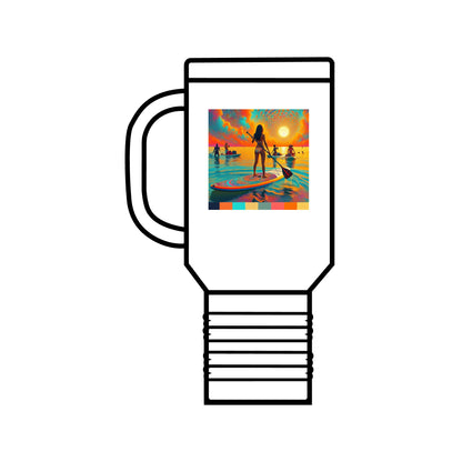 Chic Fantasy Paddleboarding Insulated Stainless Steel Travel Mug 40oz in pristine white showcasing a stunning paddleboarding artwork for adventurous drinks.