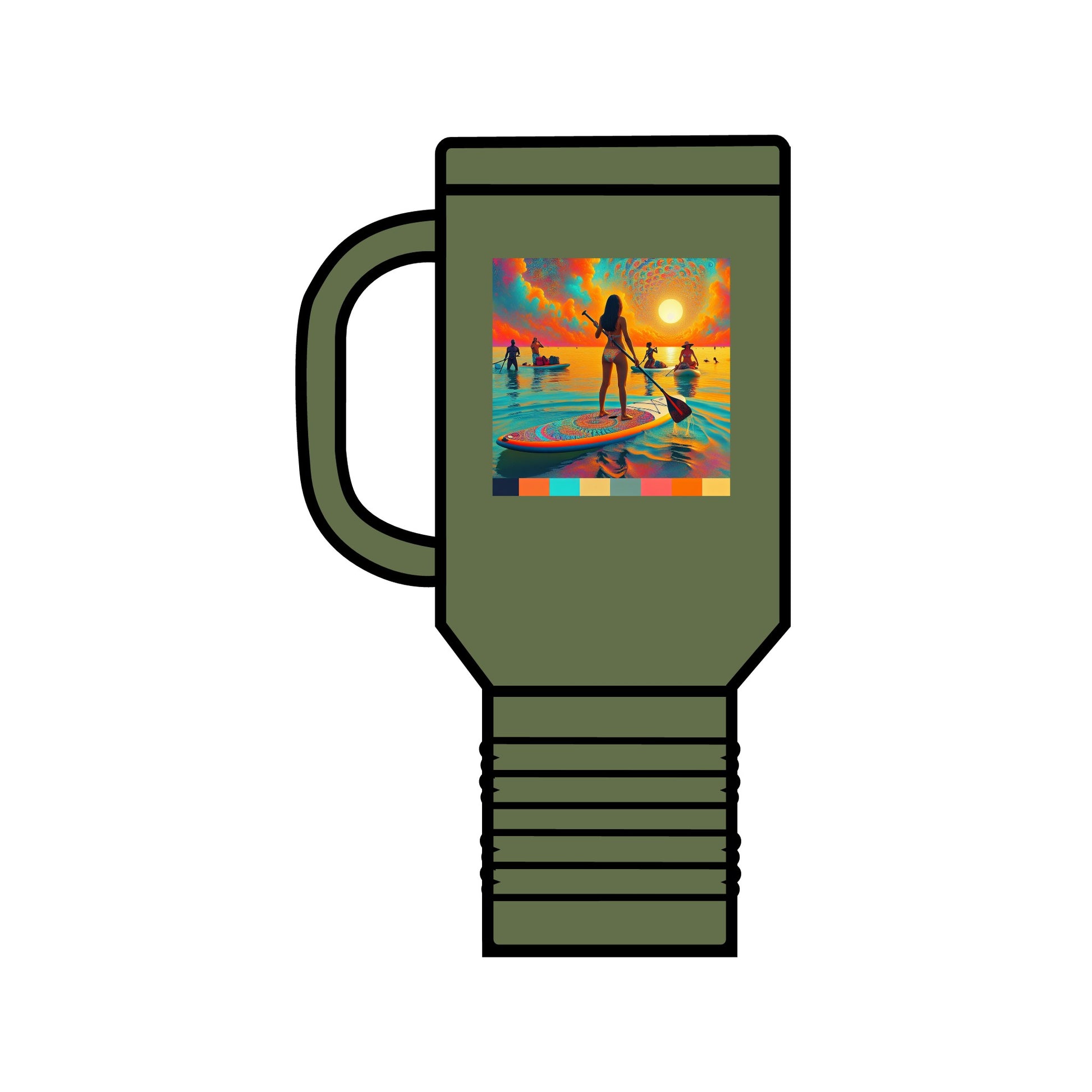 Fantasy Paddleboarding Insulated Stainless Steel Travel Mug 40oz in green with a vibrant paddleboarding design, perfect for outdoor enthusiasts.