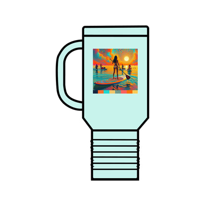 Fantasy Paddleboarding Insulated Stainless Steel Travel Mug 40oz in elegant mint green featuring a dynamic paddleboarding image, perfect for those who love adventure.
