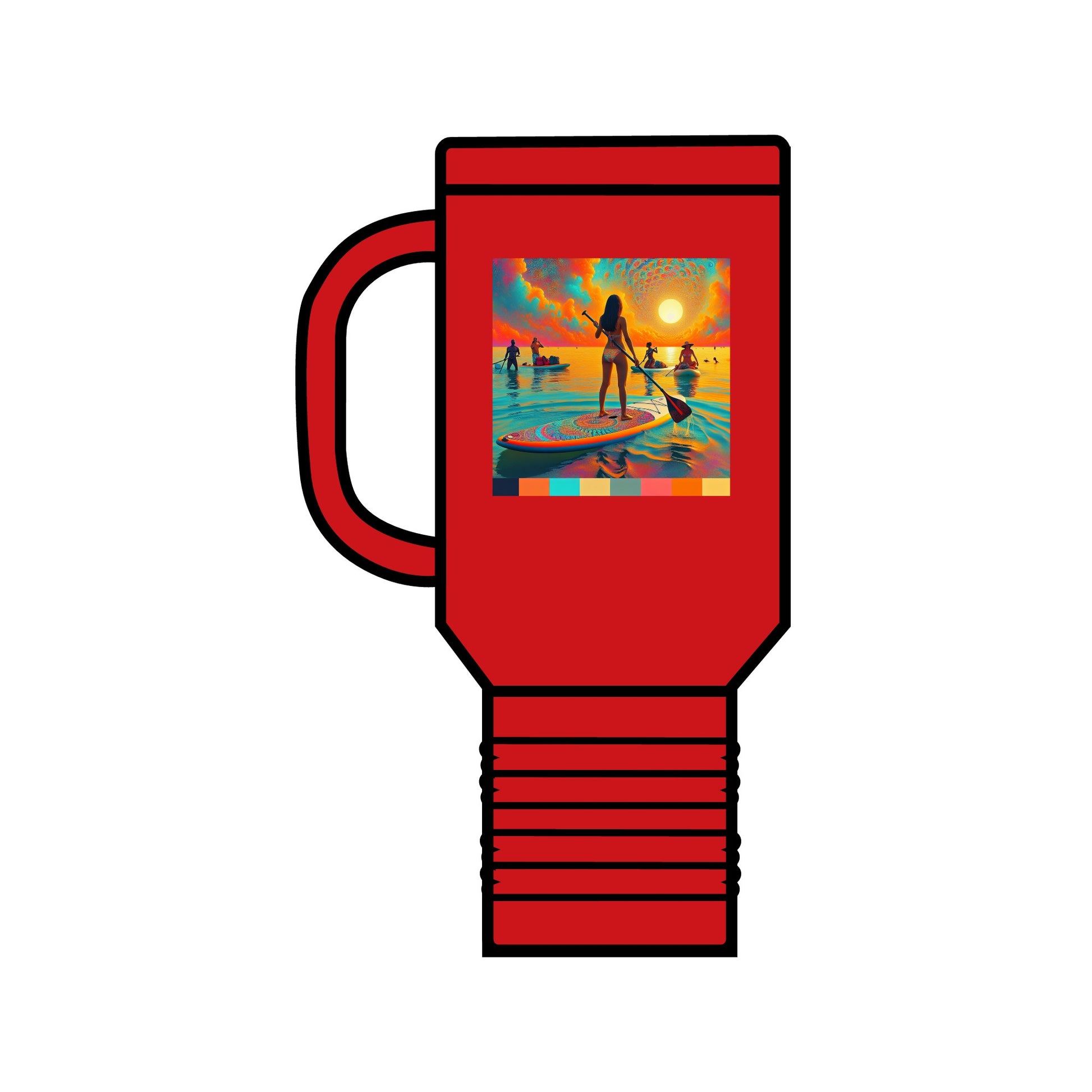 Fantasy Paddleboarding Insulated Stainless Steel Travel Mug 40oz in striking red, adorned with an artistic paddleboarding scene, perfect for adventurous spirits.