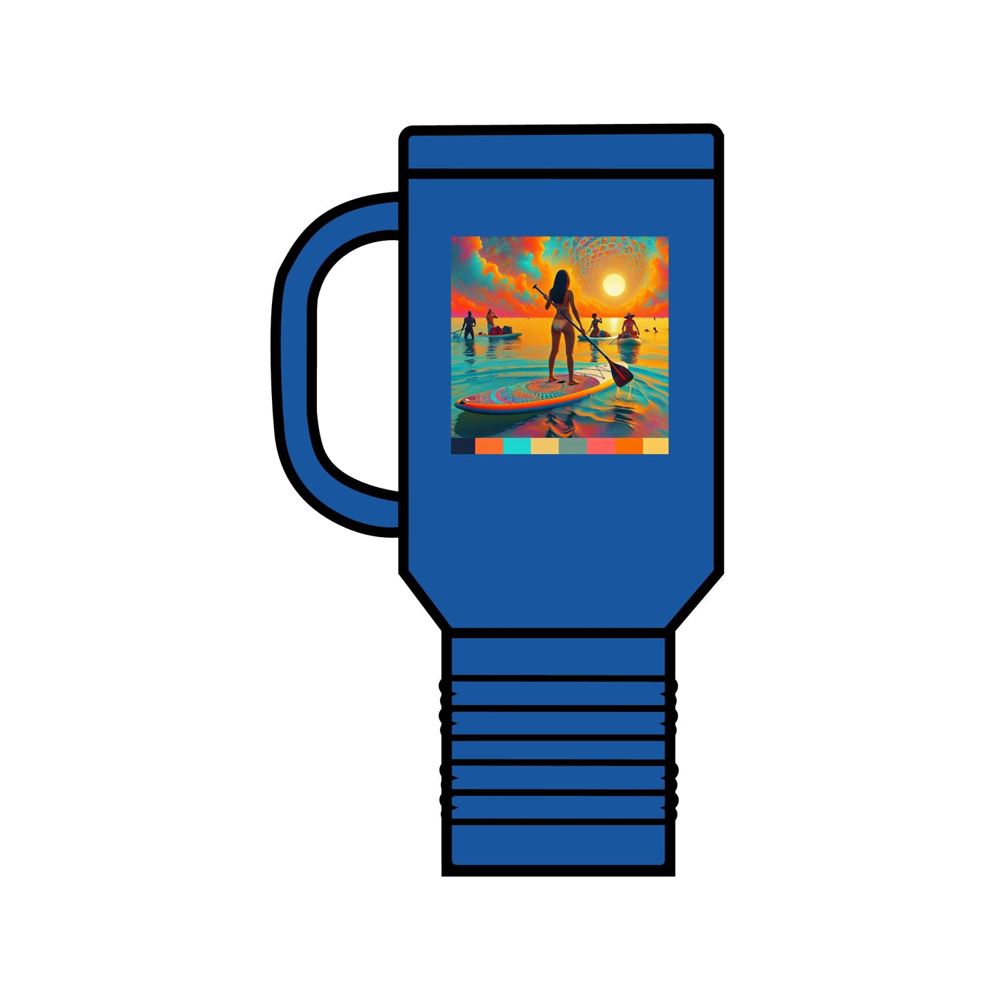Fantasy Paddleboarding Insulated Stainless Steel Travel Mug 40oz in vibrant blue, showcasing a captivating paddleboarding illustration, designed for luxury and functionality.