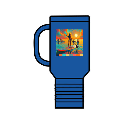 Fantasy Paddleboarding Insulated Stainless Steel Travel Mug 40oz in vibrant blue, showcasing a captivating paddleboarding illustration, designed for luxury and functionality.