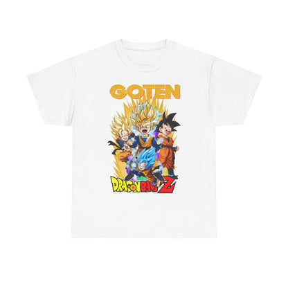 Elegant white Dragon Ball Z Goten T-shirt showcasing bold illustration of Goten and friends, ideal for fans seeking premium streetwear.