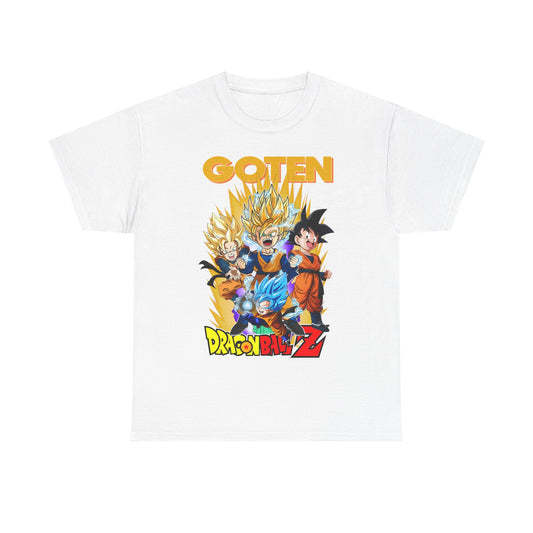 Elegant white Dragon Ball Z Goten T-shirt showcasing bold illustration of Goten and friends, ideal for fans seeking premium streetwear.