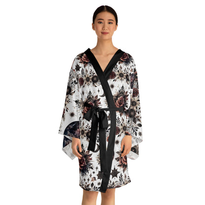 Floral Kimono Robe in luxurious fabric worn by a model, showcasing a boho chic design with intricate floral patterns and long bell sleeves, ideal for women’s lounge wear.