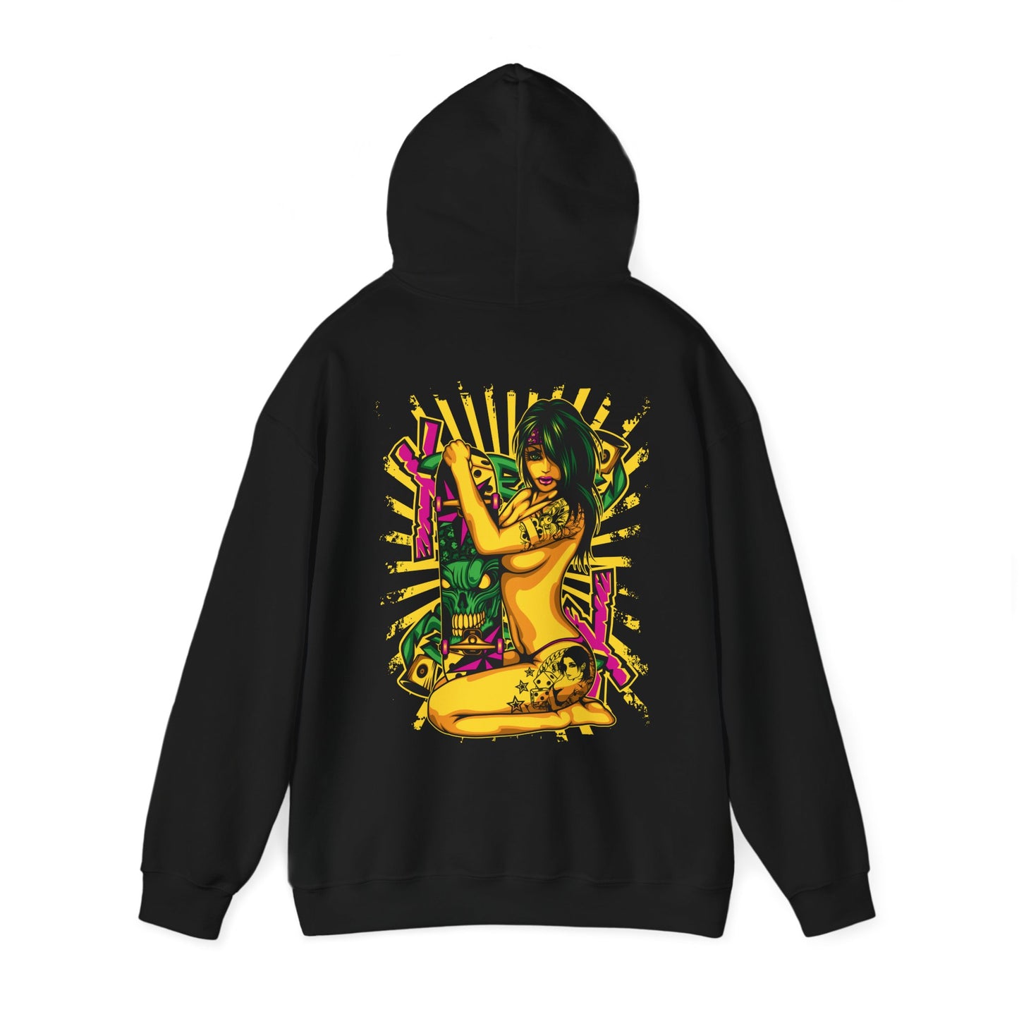 Chic black hoodie showcasing a vibrant pop art design on the back, ideal for making a bold style statement.