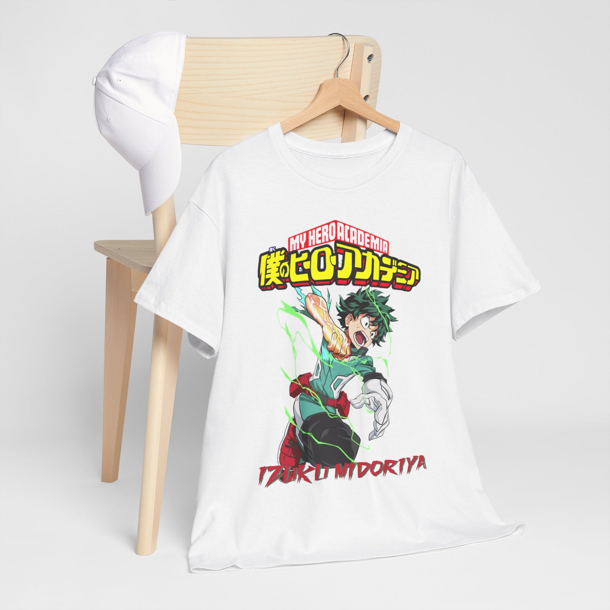 Chic presentation of Izuku Midoriya T-shirt draped on a stylish wooden hanger, featuring captivating anime graphics perfect for trendy outfits.