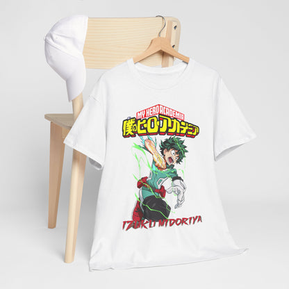 Chic presentation of Izuku Midoriya T-shirt draped on a stylish wooden hanger, featuring captivating anime graphics perfect for trendy outfits.