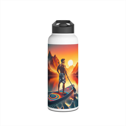 Chic Fantasy Paddleboarding Stainless Steel Water Bottle in an idyllic sunset setting, illustrating a paddleboarding man enjoying nature, designed for style and functionality.