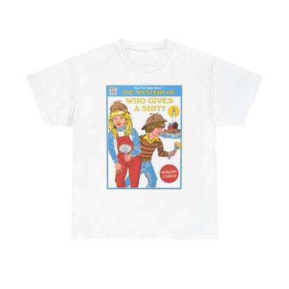 Elegant white t-shirt with a humorous graphic print inspired by classic children's books, displaying two inquisitive young detectives from 'The Mystery of Who Gives a Shit?'