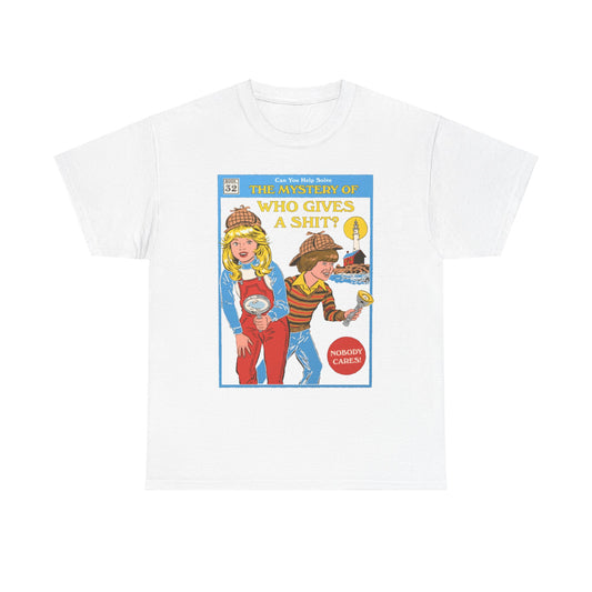 Elegant white t-shirt with a humorous graphic print inspired by classic children's books, displaying two inquisitive young detectives from 'The Mystery of Who Gives a Shit?'