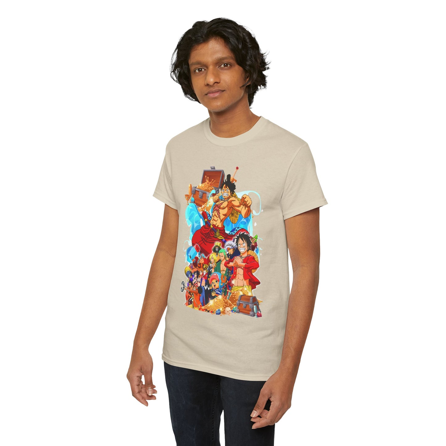 A stylish young man in a beige t-shirt featuring a bold One Piece design, radiating confidence and a love for epic anime adventures.