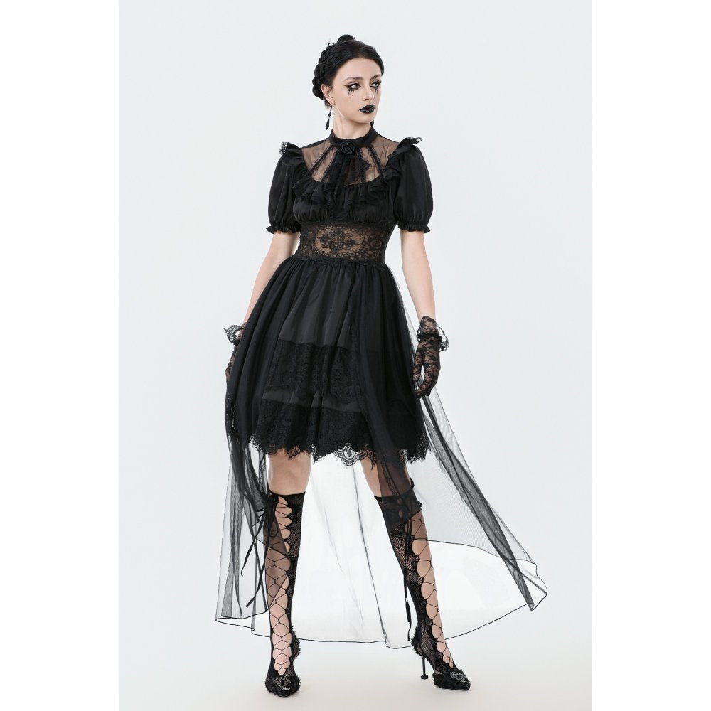 Elegant Dark in Love Ebon Rose gothic dress featuring intricate lace detailing and ruffled neckline.