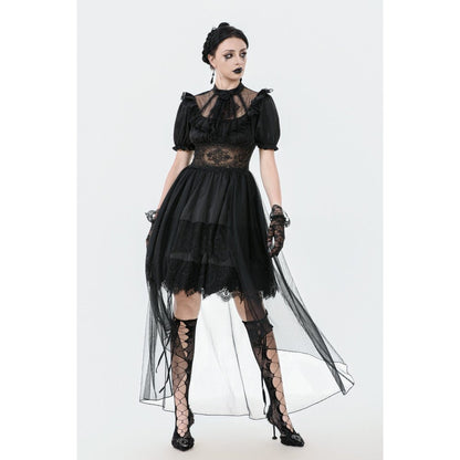 Elegant Dark in Love Ebon Rose gothic dress featuring intricate lace detailing and ruffled neckline.