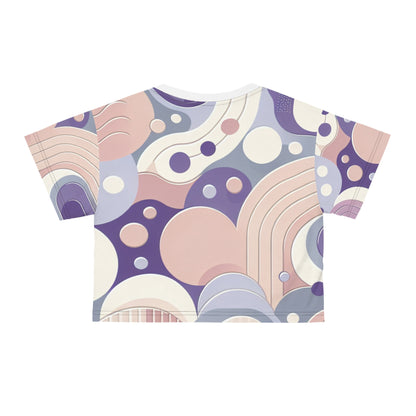 Model wearing a chic pastel purple crop top with globular designs by Dazzling Dreams Studio, ideal for casual and evening wear.