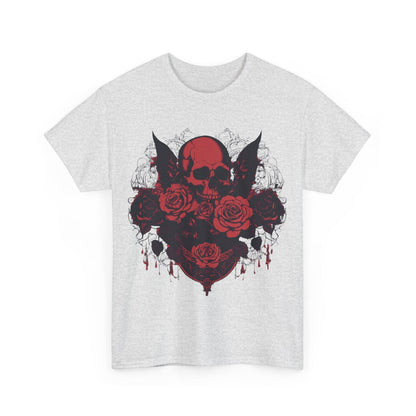 Skulls and Roses Cotton Tee - Front View: A luxurious unisex graphic shirt featuring a striking design of red roses and a skull, ideal for alternative fashion enthusiasts.