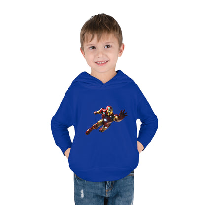 Luxury Kids Unisex Iron Man in Flight Hoodie, front view worn by a young boy, chic blue fleece sweater for ages 2-5 years.