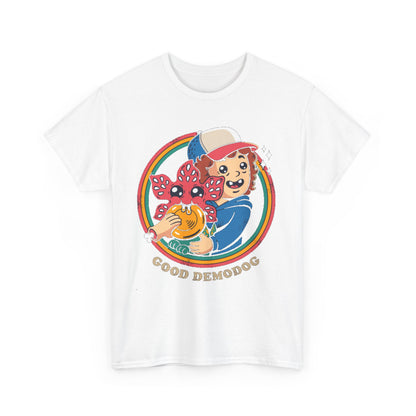 Stranger Things Funny Mens Womens Graphic T-Shirt featuring a whimsical 'Good Demodog' design, depicting a cheerful boy holding a snack with a Demogorgon, perfect for urban street style.
