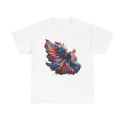 Majestic Angel Graphic Unisex T-Shirt in classic white, embellished with vibrant abstract phoenix art, crafted from ultra-soft premium cotton for a comfortable yet chic look.