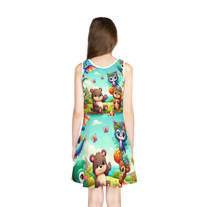 Sophia Blossom Girls Sundress by Dazzling Dreams Studio, featuring a stunning fantasy animal print with vibrant colours, ideal summer wear for kids that instills creativity and elegance.