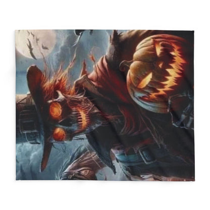 Luxurious Decorative and Warm Halloween Spooky Arctic Fleece Blanket featuring a hauntingly stylish design with a scarecrow and glowing pumpkins, creating a festive atmosphere for your home.