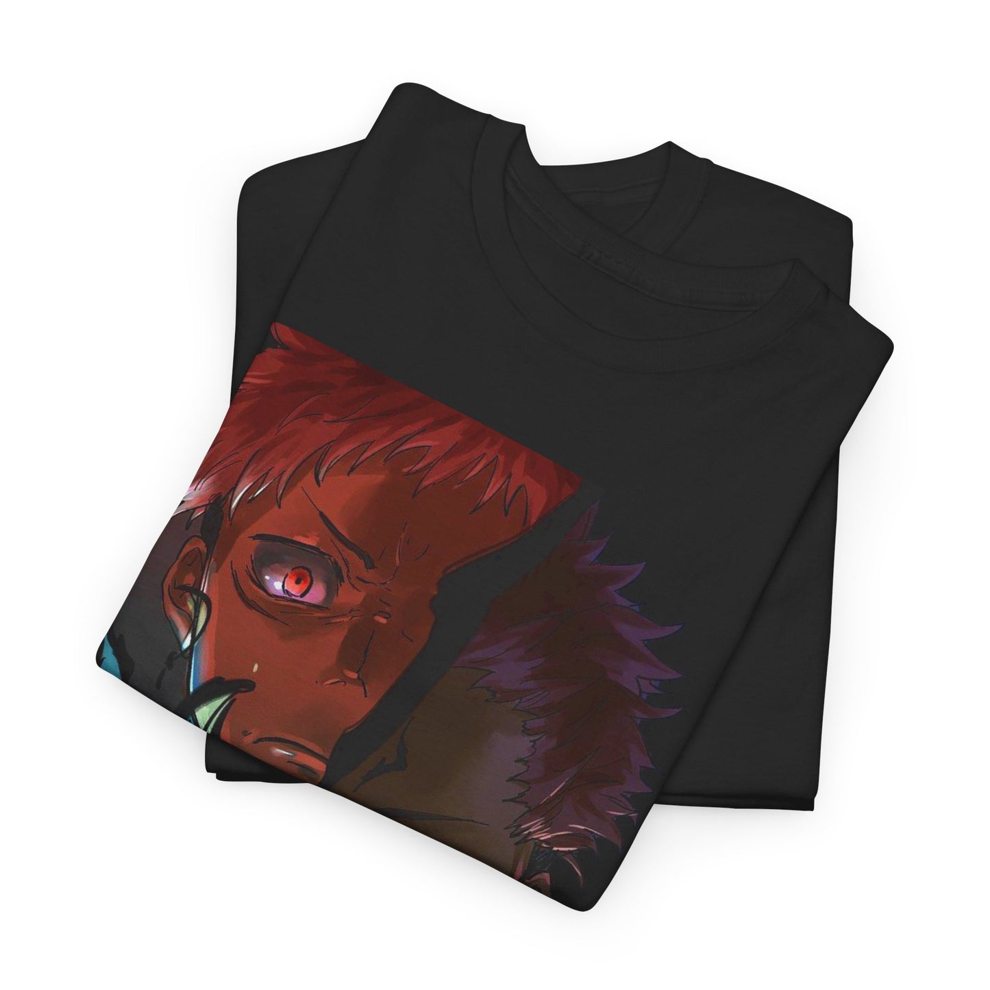 Luxurious folded black Ryomen Sukuna anime t-shirt displaying a bold graphic design of iconic characters, ideal for showcasing your passion for anime fashion.