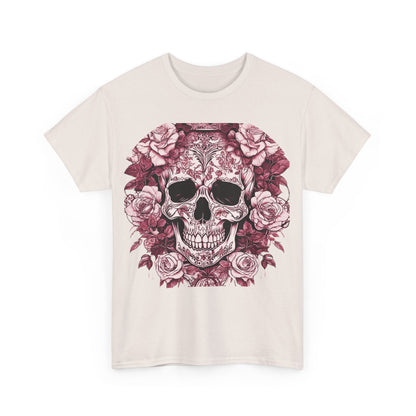 Front view of the Skulls and Roses Cotton Tee featuring a stunning skull and roses graphic on a soft beige background, capturing a unique blend of elegance and edgy fashion.