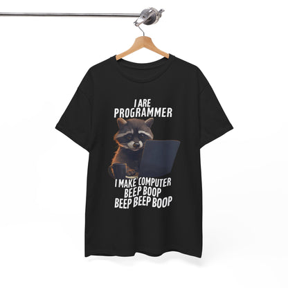 Stylish Funny Raccoon Programmer T-Shirt displaying the humorous slogan 'I Are Programmer' alongside a raccoon at a laptop, perfect for tech lovers.