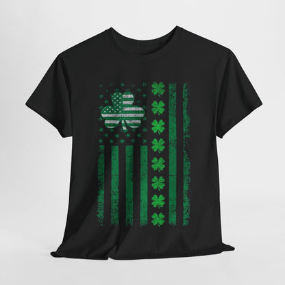 St Patrick's Day unisex graphic cotton t-shirt featuring a distressed American Irish flag and clover design, perfect for festive celebrations and showcasing Irish-American pride.