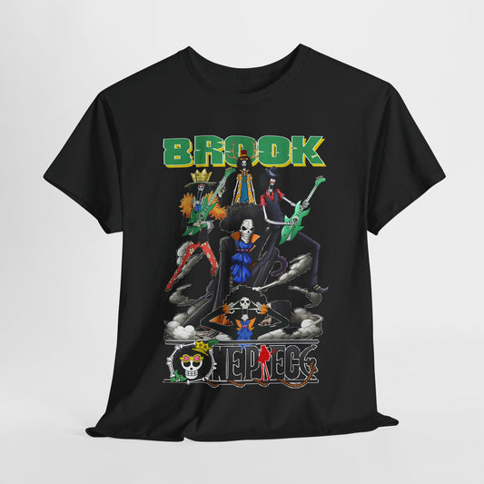 Luxury black men's t-shirt featuring vibrant Brook and Crew graphic from popular anime, showcasing a dynamic rock-inspired design with striking colours.