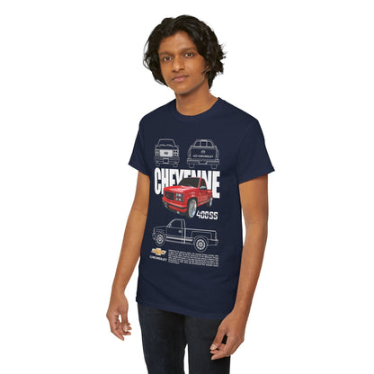 Stylish Chevrolet Cheyenne T-Shirt featuring a bold graphic design of the iconic pickup truck, elegantly displayed on a model against a white background, perfect for automotive enthusiasts.