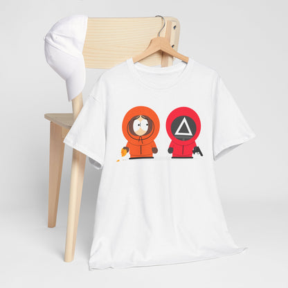 Styled shot of the Squid Game South Park Unisex Men’s Women’s Graphic Cotton Funny T-Shirt Tee on a hanger beside a cap, highlighting its fashionable and whimsical aesthetics.