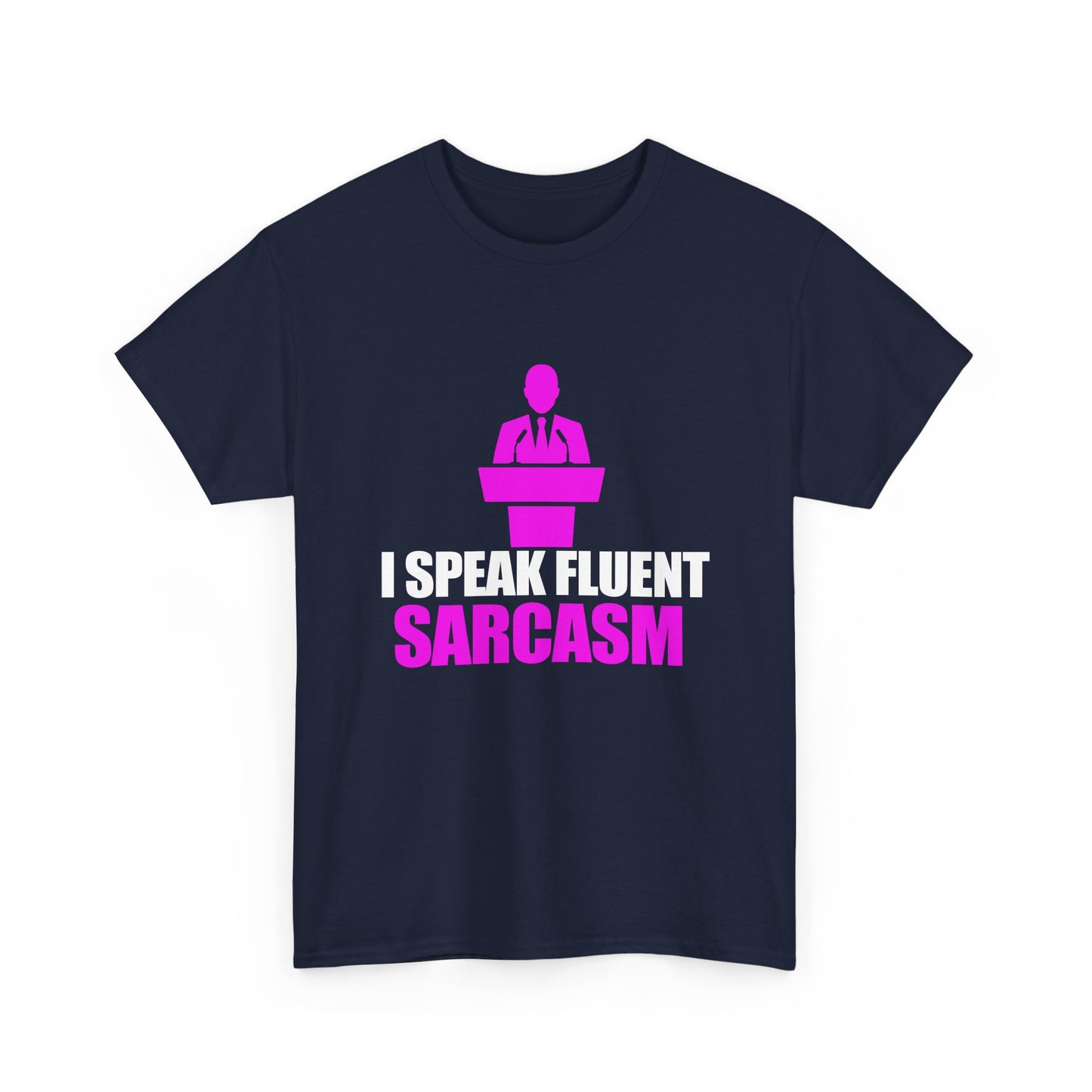 Distinctive navy blue men's t-shirt featuring a bold graphic print that declares 'I Speak Fluent Sarcasm', perfect for the sophisticated humourist.
