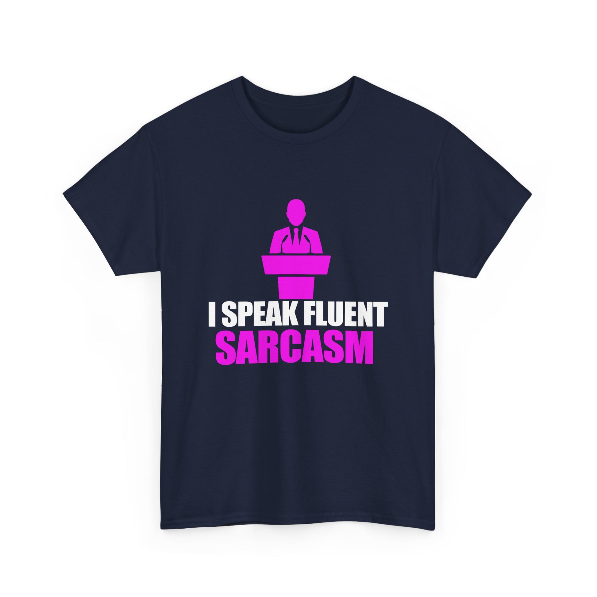 Distinctive navy blue men's t-shirt featuring a bold graphic print that declares 'I Speak Fluent Sarcasm', perfect for the sophisticated humourist.