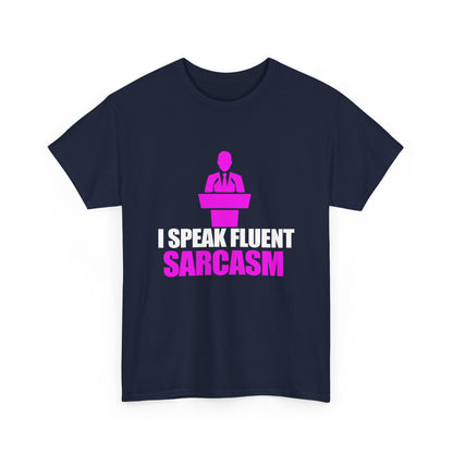 Distinctive navy blue men's t-shirt featuring a bold graphic print that declares 'I Speak Fluent Sarcasm', perfect for the sophisticated humourist.