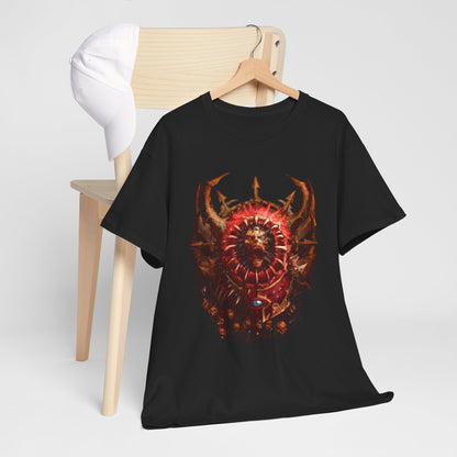 Sophisticated black t-shirt elegantly displayed on a wooden chair, featuring an eye-catching Warhammer illustration that combines fantasy elements with a bold colour palette.