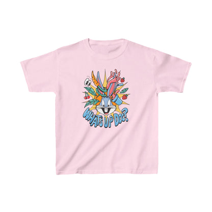 Unisex Kids Bugs Bunny Cotton T Shirt Tee in soft pink showcasing a playful Bugs Bunny design with 'What's Up Doc?' inscription, ideal for creative kids.