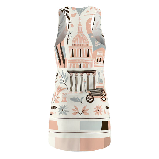 Elegant back view of the Aurelia Vogueworth Rome Dress - Blush Racerback featuring a modernistic design and pastel colour palette.