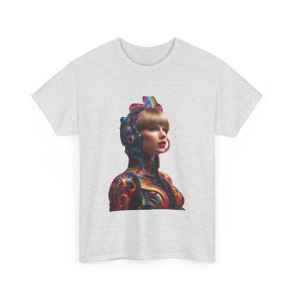 Front view of the exquisite Swifties psychedelic Taylor Swift Heavy Cotton Tee featuring a colourful image of Taylor Swift on a grey background.