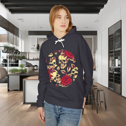Unisex Lightweight Hooded Sweatshirt featuring unique designer skull and roses print, modelled by a woman in a stylish kitchen setting.