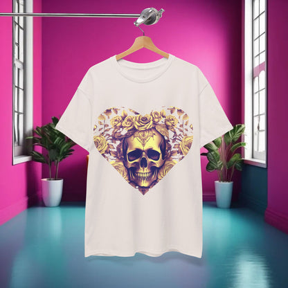 Stylish front view of the Skulls and Roses Cotton Tee, featuring an exquisite steampunk skull design with roses against a vibrant pink background.