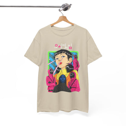 Luxury beige graphic tee featuring a vibrant illustration inspired by a popular survival game, showcasing a stylised character with striking colours against an elegant background.