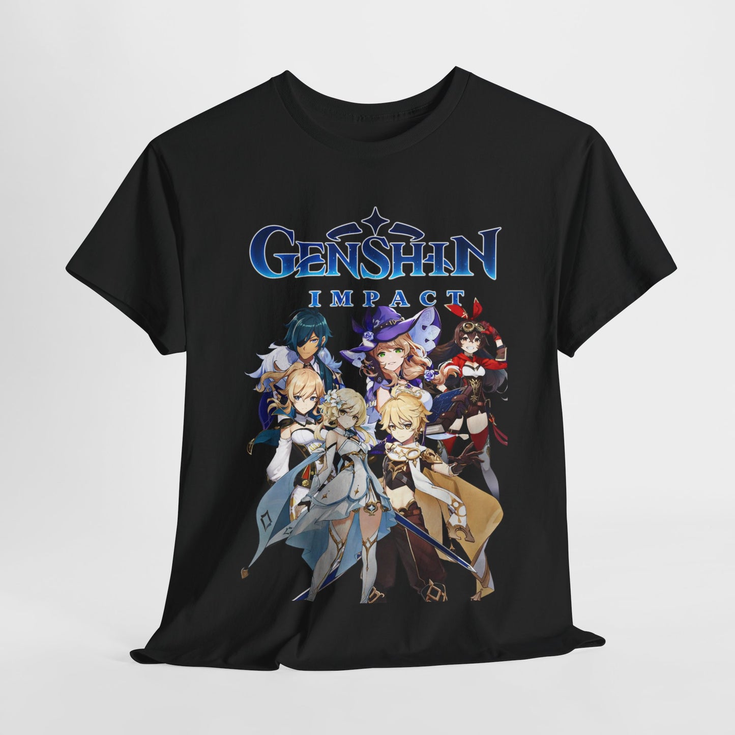 Luxury Genshin Impact T-shirt featuring vibrant anime-style characters in a dynamic design, perfect for gaming enthusiasts.