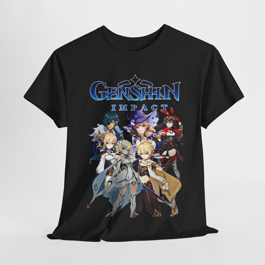 Luxury Genshin Impact T-shirt featuring vibrant anime-style characters in a dynamic design, perfect for gaming enthusiasts.