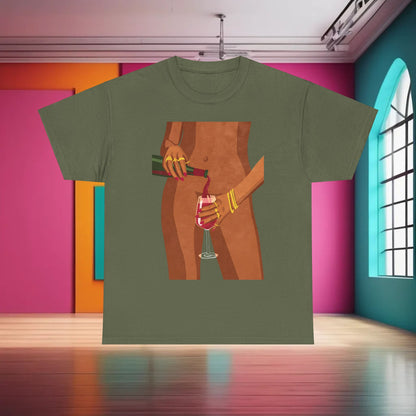 Vibrant Wine Glass Womens Graphic T-Shirt Urban Cotton Tee in olive green showcasing a playful wine-themed design with elegant hands pouring wine into a glass against a vibrant background.
