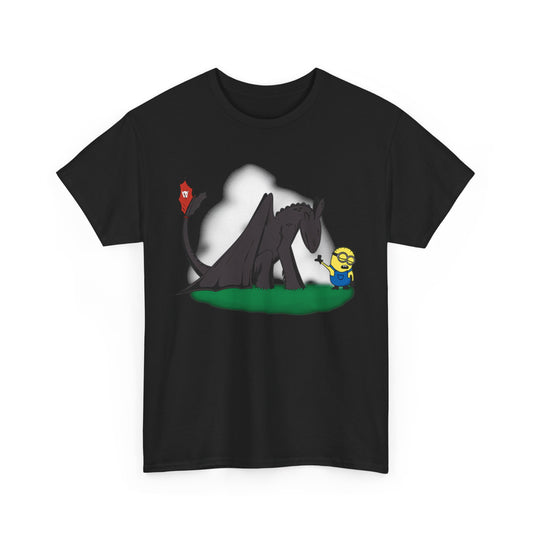 Minions How to Train My Dragon Unisex Men’s Women’s Graphic T Shirt Tee featuring a whimsical scene of a black dragon and a cheerful Minion, ideal for anyone who loves a touch of humour. This funny T Shirt is perfect for casual wear.