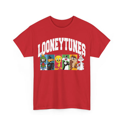 Sophisticated Looney Tunes Graphic T-Shirt in red, elegantly showcasing famous cartoon characters in colourful panels, tailored for discerning fashion lovers.